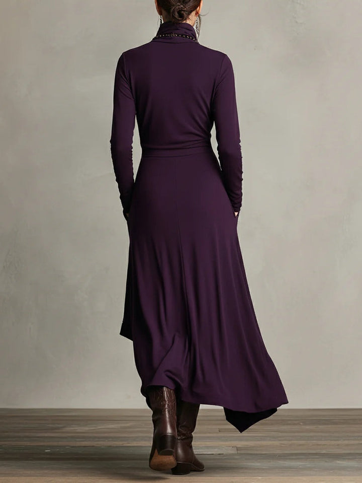 Meredith – Asymmetric Draped Polo Neck Maxi Dress