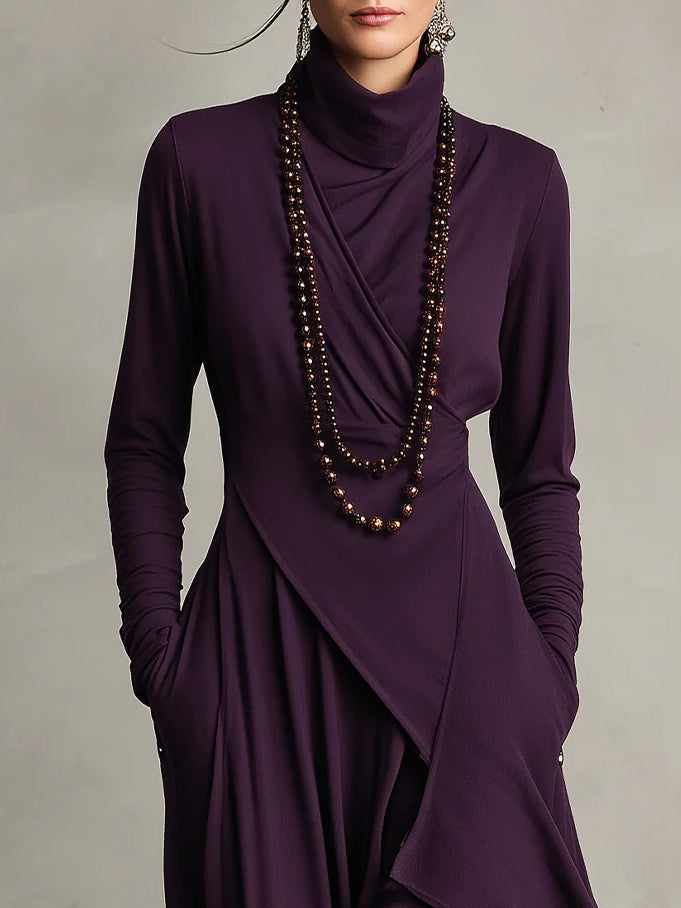Meredith – Asymmetric Draped Polo Neck Maxi Dress