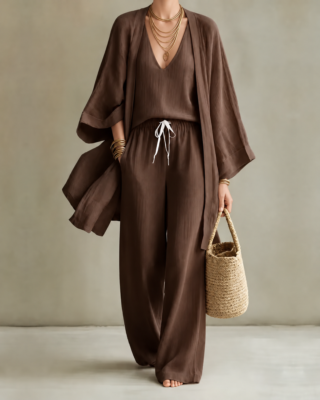 Saskia – Linen-Look Wide-Leg Three-Piece Set