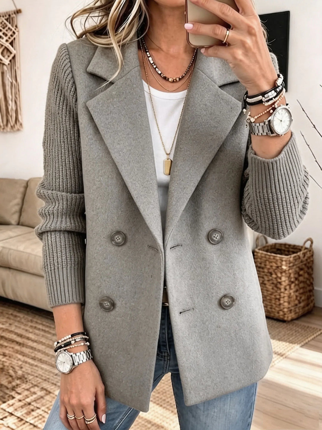 Doris – Double-Breasted Blazer with Ribbed Sleeves