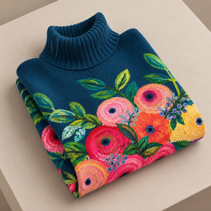 Barbara – Floral Print Polo Neck Jumper