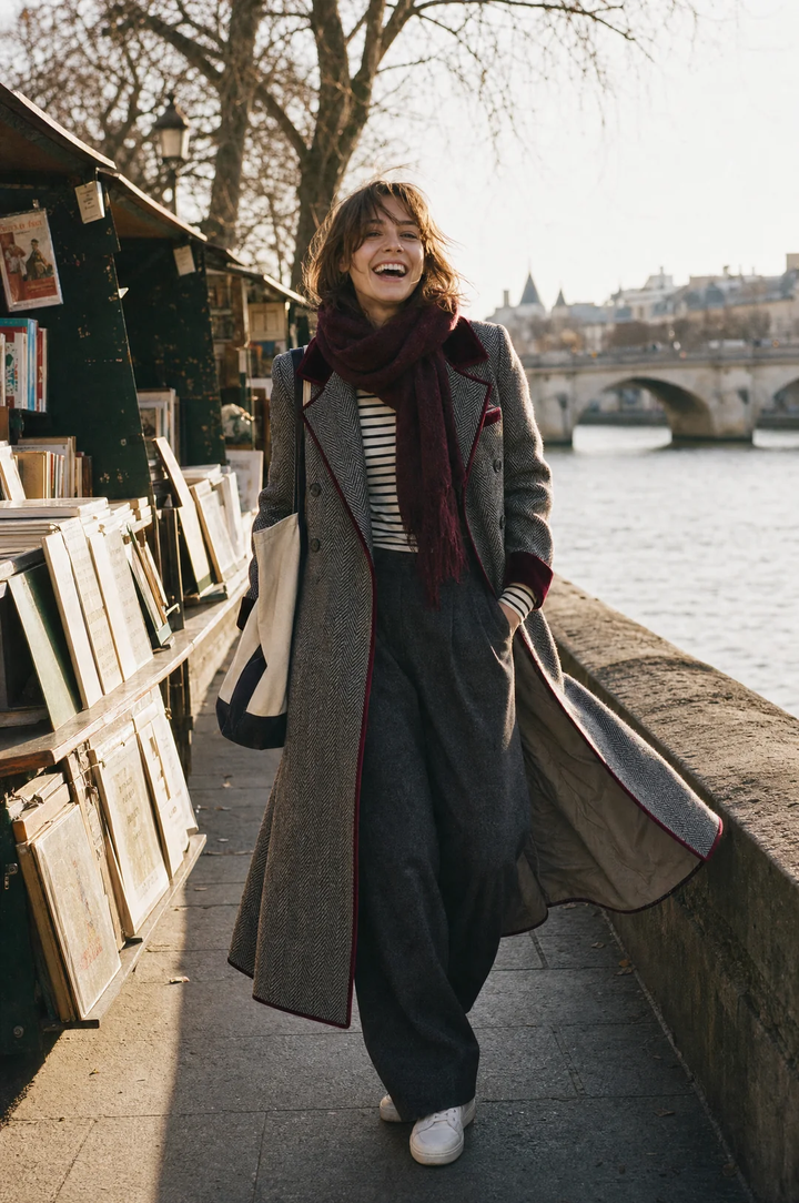 Ione – Herringbone Longline Coat with Velvet Trim