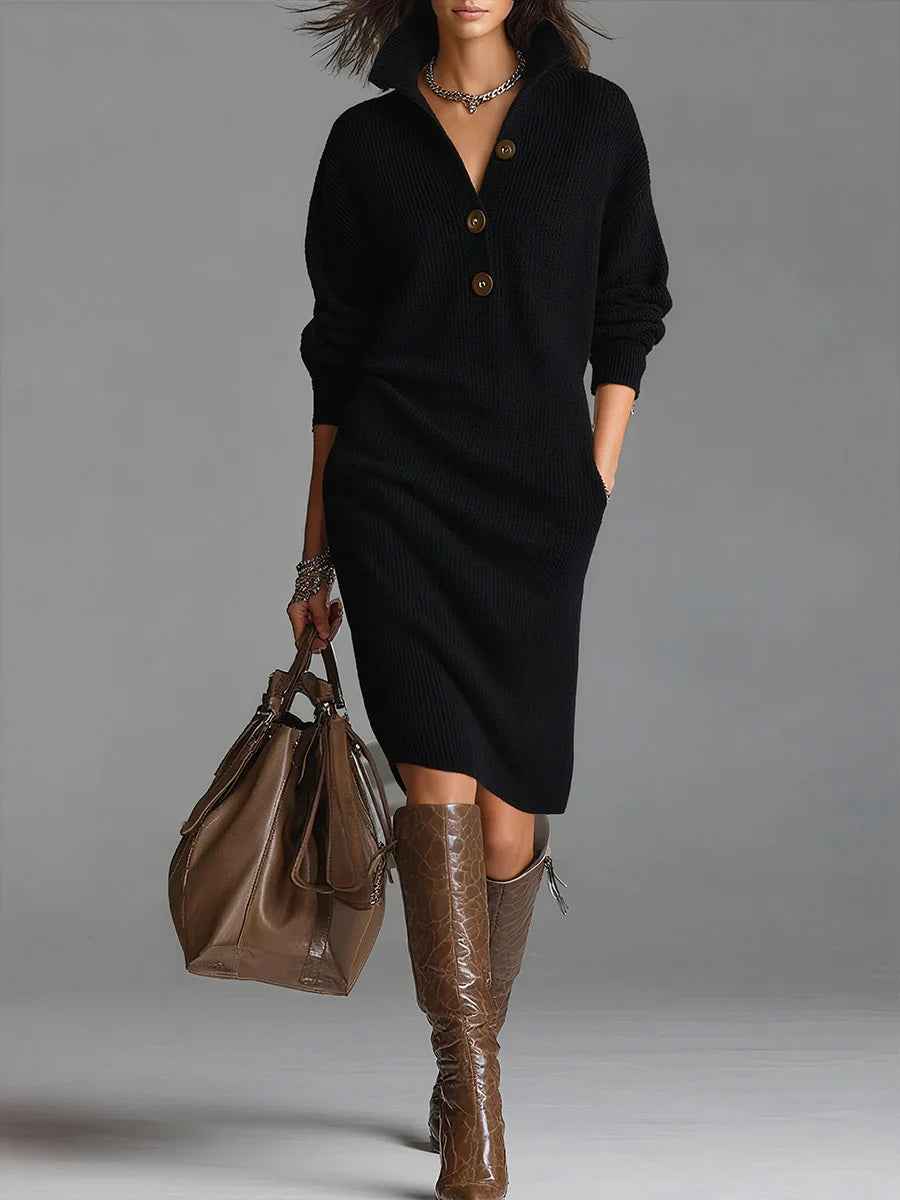 Leonora – Ribbed Knit Button-Neck Midi Dress