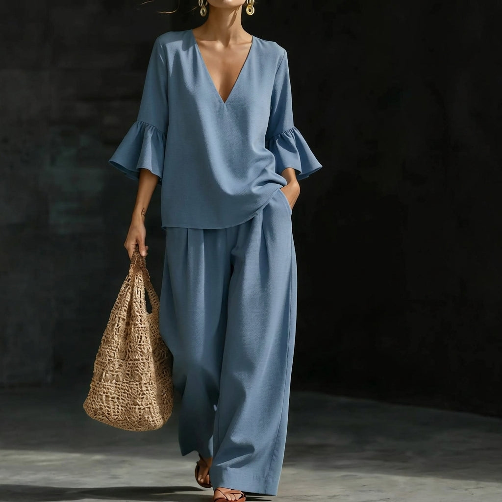 Kay – Ruffled Blouse and Wide-Leg Trouser Set